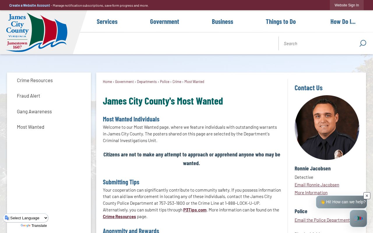 James City County official wanted fugitives page and tip instructions