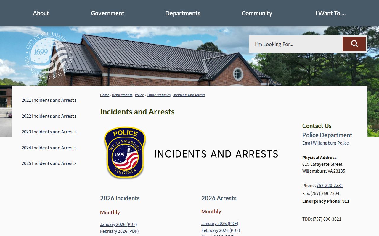 Williamsburg Police Department monthly incident and arrest records source