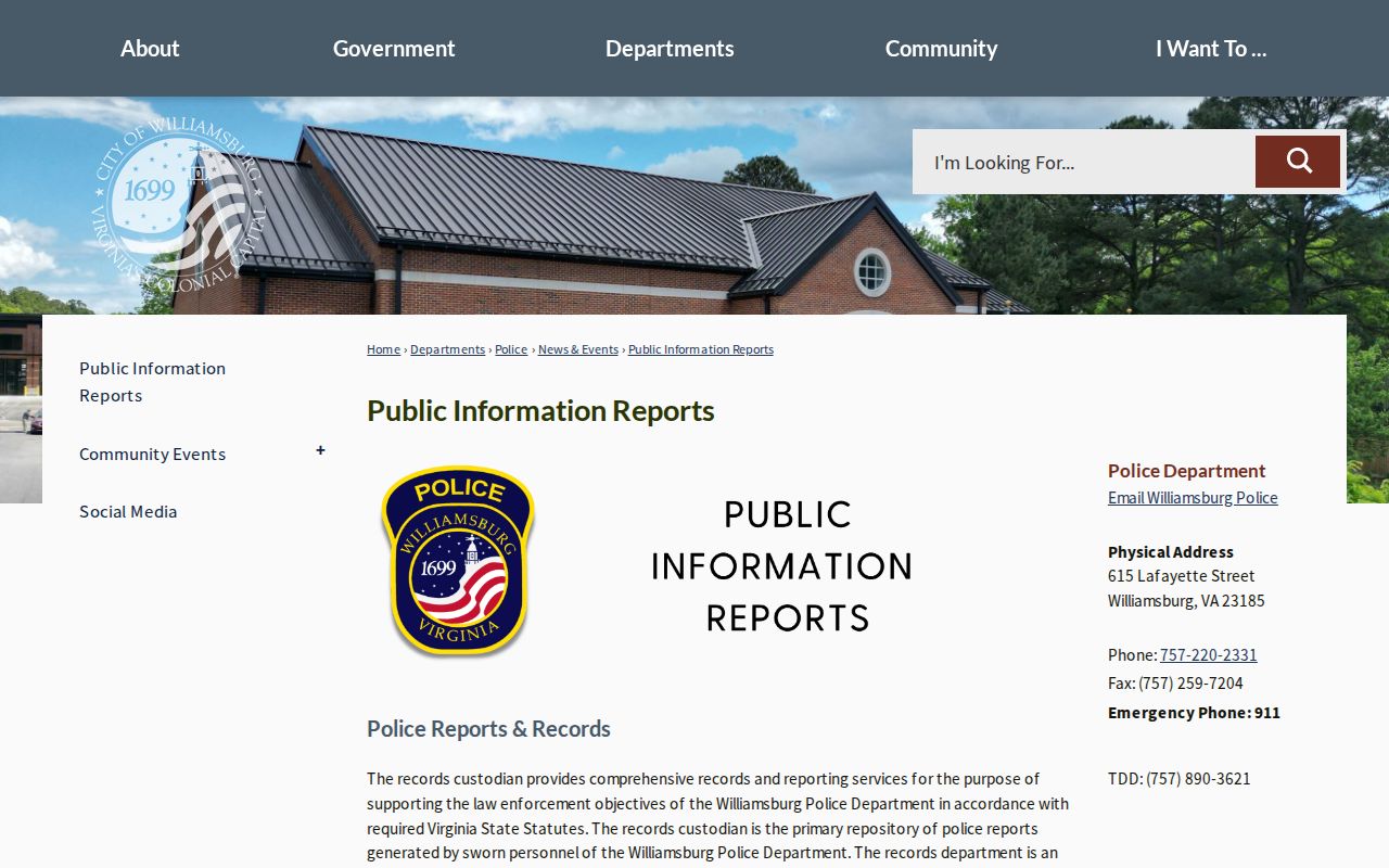 Williamsburg Police Department public information reports source for City arrest records